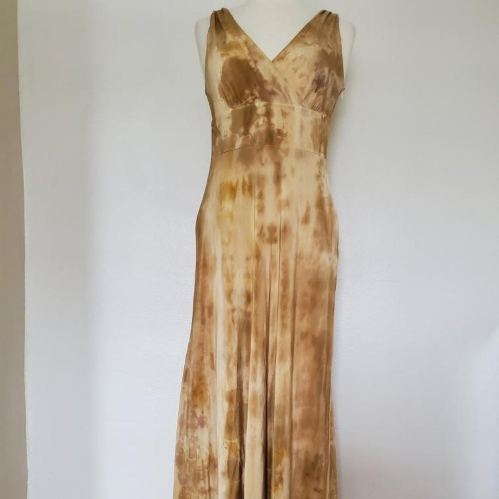 camo silk long maxi dress painted 8 10 M L wedding party beige cowgirl tie dyed